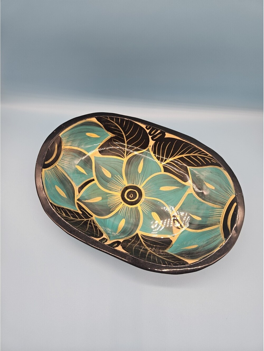 Hand Painted Wooden Wall Plate Turquoise Floral Design Boho Décor Home Decor